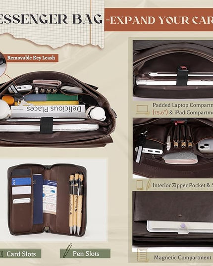 RAINSMORE Flap Messenger Bag for Men Vintage PU Leather Laptop Bag 15.6 Inch Retro Briefcase with Wallet Satchel Computer Bag