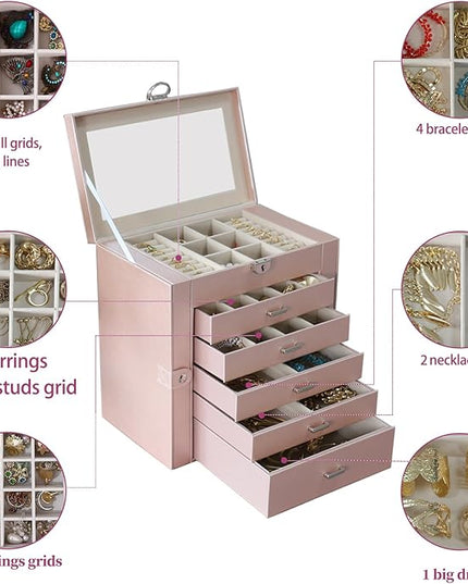 BOOVO Jewelry Box For women, 6 Layer Large Jewelry Organizer With Mirror, Multi-Function Storage Box With Lock, Accessory Holder With 5 Drawers, For Earrings Necklace Ring Bracelet (Rose Gold)