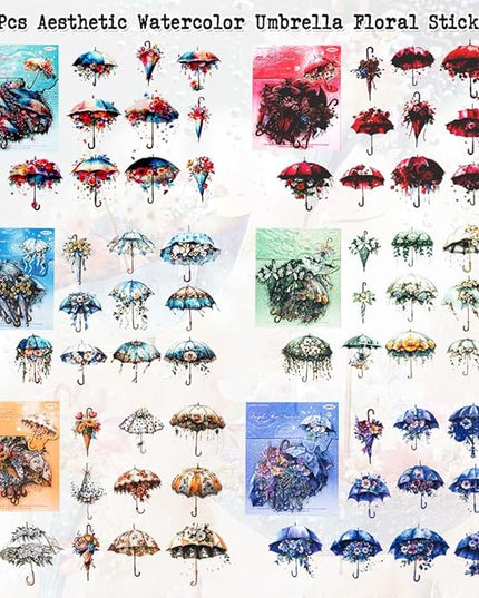 Dwpetzo 120Pcs Aesthetic Scrapbook Stickers for Scrapbooking, 6 Assorted Set Watercolor Umbrella Floral Decorative PET Stickers for Journaling, Junk Journal Supplies, Bujo, Collage, Craft Arts