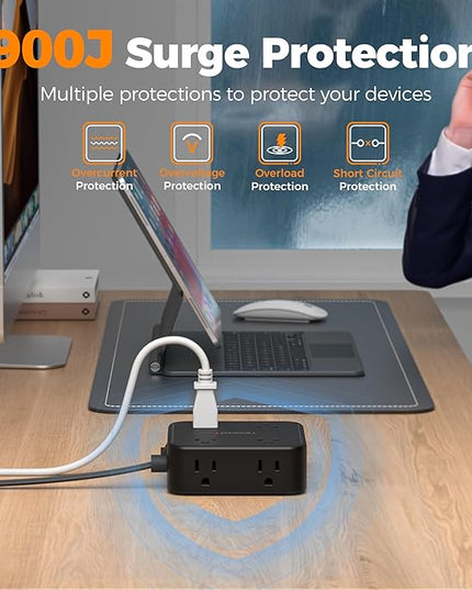TESSAN 10 Ft Flat Plug Extension Cord with Multiple Outlets, Surge Protector Power Strip with 3 USB(1 USB C) 8 Outlets, 900J Protection, Desk Charging Station for Home, Office, Dorm Room, Black