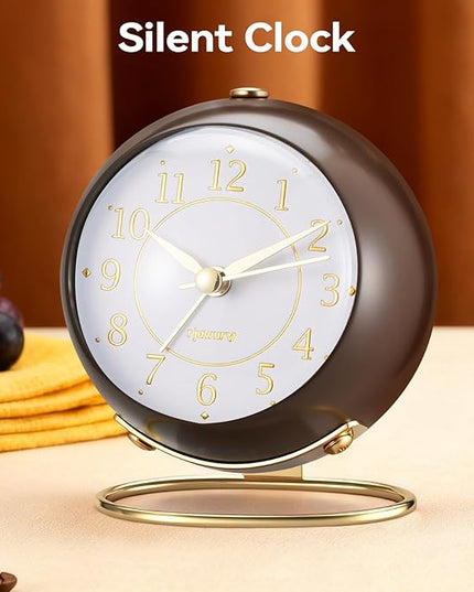 rjuwurv Metal Desk Alarm Clock, Retro Bedroom Table Vintage Analog Silent Non-Ticking Gold Alarm Clock, Bedside Decor(Coffee Brown)