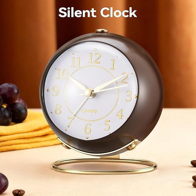 rjuwurv Metal Desk Alarm Clock, Retro Bedroom Table Vintage Analog Silent Non-Ticking Gold Alarm Clock, Bedside Decor(Coffee Brown)