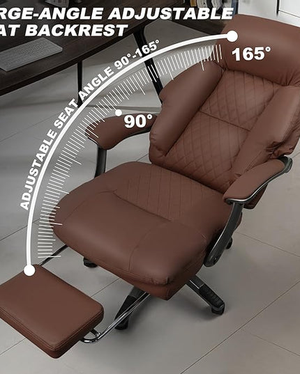 Leather Office Chair with Footrest, Reclining Desk Massage Chair with 3-Speed Cooling Seat (Ventilation) & Heated Lumbar, Big & Tall 400 lbs, Light Coffee