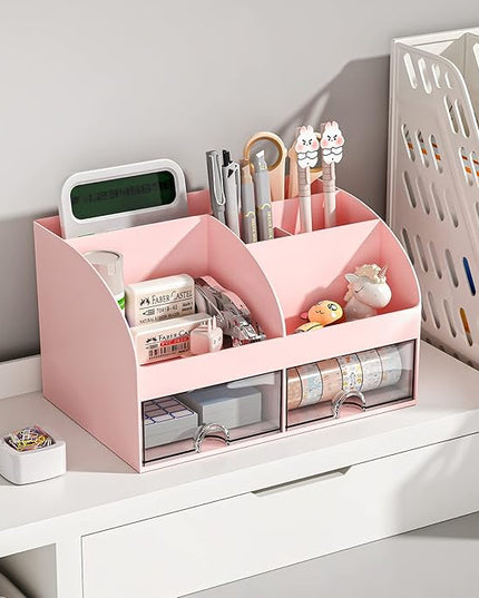 COMFYROOM Desk Organizer with 6 Compartments and 2 Drawers, Plastic Makeup Organizer, Pen Holder for Desktop Storage, Desk Organization for School, Home, Office Supplies (Pink)