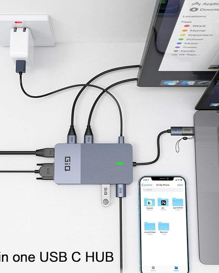 USB Docking Station GIQ USB C HUB USB 3.0 to Dual HDMI VGA Adapter Triple Display USB C Laptop Docking Station Dual Monitor HDMI Splitter Extender Compatible with MacBook M1 M2 M3 USB Dock-Grey