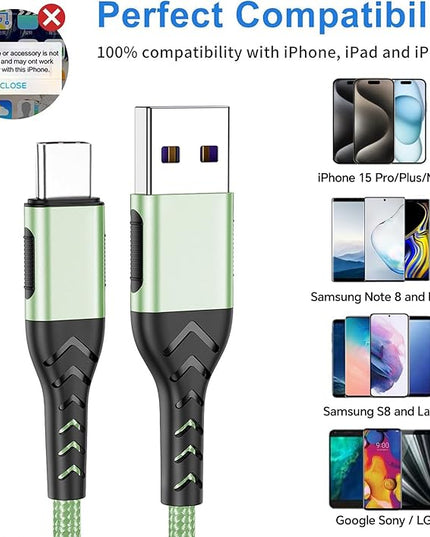 Durcord 2Pack 3ft USB A to USB C Cable - 3 Foot Premium Nylon Braided Type C Cord for Android Phone, Pad, Laptop - Light Green