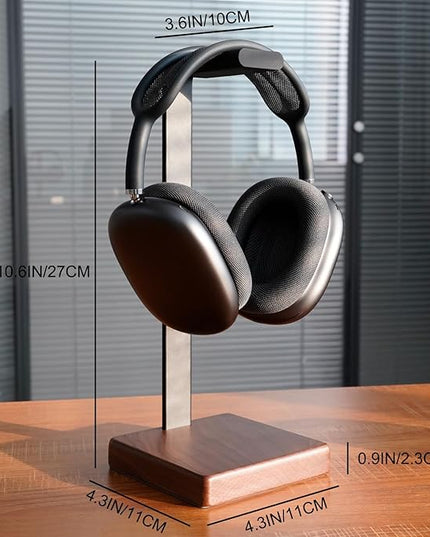 GEVO Headphone Stand Headset Holder - Headset Metal Mount Rack for Desk with Walnut Wooden Square Base for Gaming, AirPod Max, Bose, Sony, Razer, Jabra, JBL