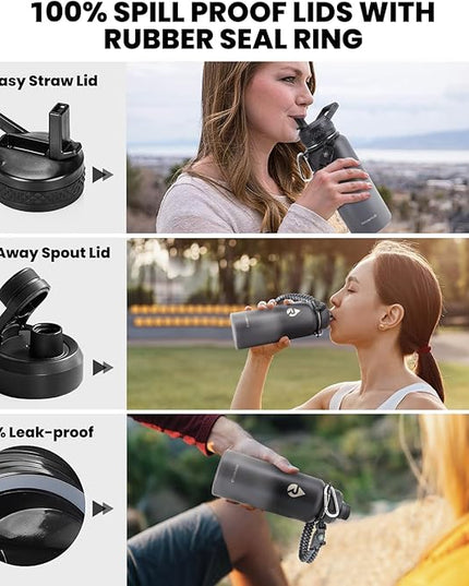 Insulated Water Bottle 32 oz, Triple Wall Vacuum Stainless Steel (Cold for 48 Hrs), Leak Proof & Non-BPA, Modern Water Flask Jug with Paracord Handle & Straw Spout Lids, Dark Grey