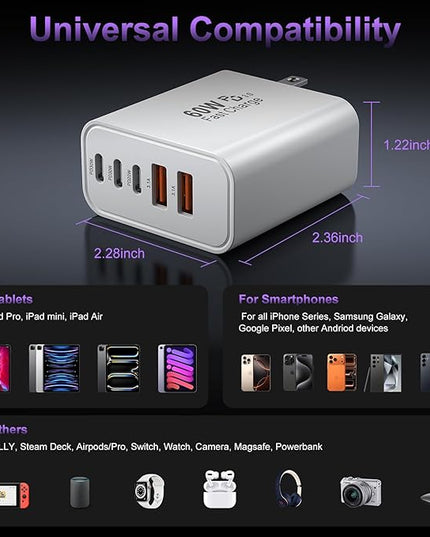 USB C Fast Charger Block, 60W USBC Wall Charger Plug, 2Pack 5-Port Type C Phone Charging Cubes Power Adapter Multiport Brick for iPhone 17/16/15/14/13/12/11/Pro Max/Plus/Air, iPad mini/Pro,Galaxy S25