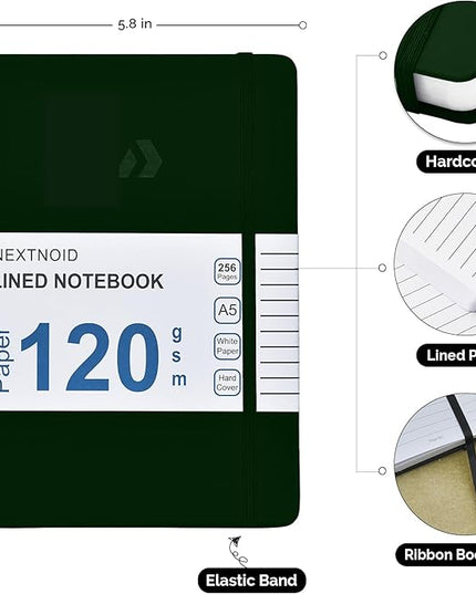 Nextnoid Hardcover Lined Journal Notebook - 120 GSM Thick Paper, Medium A5-256 Pages - Perfect For Writing, Journaling and Note-Taking (Green, Ruled)