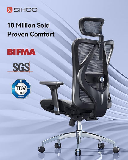 SIHOO M57 Ergonomic Mesh Office Chair, High Back Home Desk Chair with 3D Armrests, Lumbar Support and Adjustable Headrest, Comfortable Computer Chair, Big & Tall Office Chair Hold 330 LBS-Grey