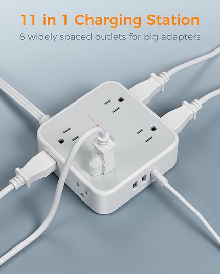 Flat Plug Long Extension Cord 25 Ft, TESSAN Power Strip Surge Protector with 8 Outlets 3 USB Ports (1 USB C), 900J Protection Desktop Charging Station for Home, Office, Dorm Room Essentials