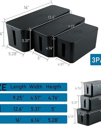 YaeCCC Cable Management Organizer Box Power Strips Hider Power Cords Hider for Desk, TV, Computer, USB Hub,Cords (Set of Three) Black