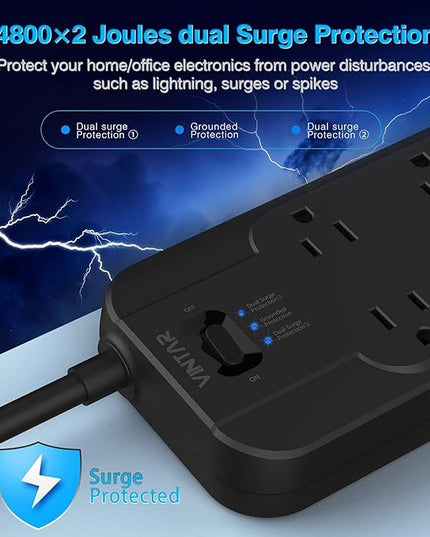 VINTAR Power Strip Surge Protector with 12 AC Outlets, 1875W Output, 10FT Long Extension Cord Flat Plug with Dual Surge Protection (2 × 4800 Joules) for Office, Home, ETL Listed, Black