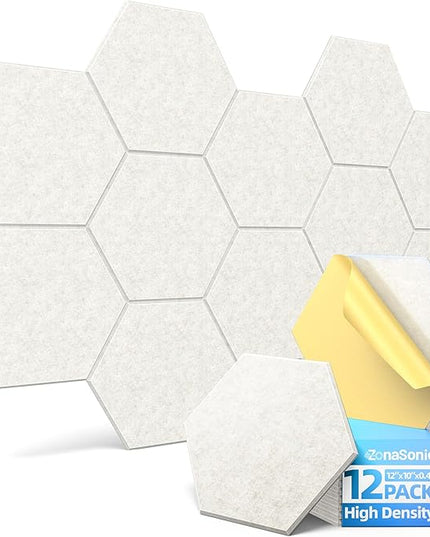 12 Pack Hexagon Acoustic Panels with Self-Adhesive, 12" X 10" X 0.4" Sound Proof Foam Panels for Walls, High Density Soundproof Wall Panels, Sound Dampening Panels for Home Studio Decor Office - Ivory