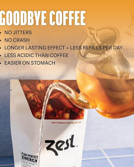 Zest 150mg High Caffeine Energy Leaf Blend - Spicy Masala Chai Black Tea - 20 Pack Bag - All Natural Strong Flavored Healthy Coffee Alternative Highly Caffeinated Substitute - Perfect for Keto Diet