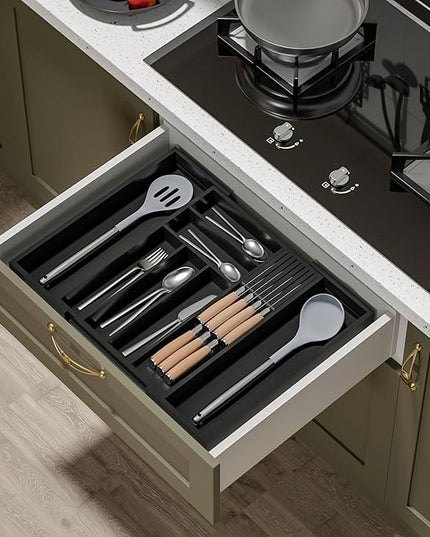 Bamboo-Silverware-Drawer-Organizer-Kitchen, Expandable Utensil Holder Cutlery Tray Flatware Organization Adjustable Wood Tableware Dividers Storage (with Removable Knife Block)(Black)