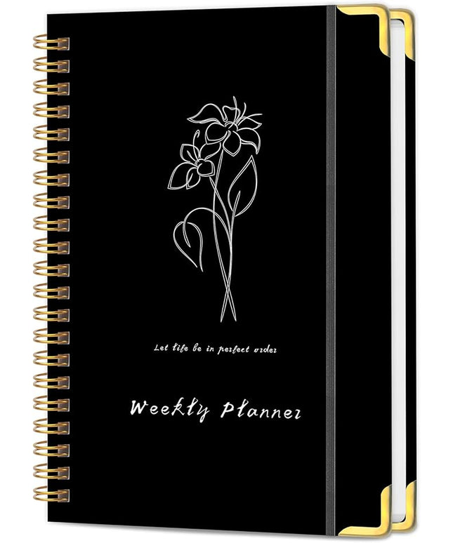 Undated Weekly Planner with Metal Corner Hardcover Notebook , A5 Size Journal with To Do List Planner, Habit Tracker,Weekly Goals for ADHD,Student, Office, Women, Men ,Gifts,6 x 8 inches，Spiral Bindding ,Black