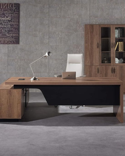 Retractable L-Shaped Executive Desk, Modern Office Desk with Drawers and Lateral File Cabinet, Large Computer Desk with Storage Shelves, Workstation for Home Office (Right Return, 86.6 - 94.5 IN)