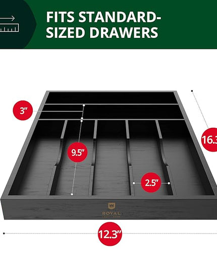 ROYAL CRAFT WOOD Luxury Bamboo Kitchen Drawer Organizer - Silverware Organizer - Utensil Holder and Cutlery Tray with Grooved Drawer Dividers for Flatware and Kitchen Utensils (7 Slot, Black)