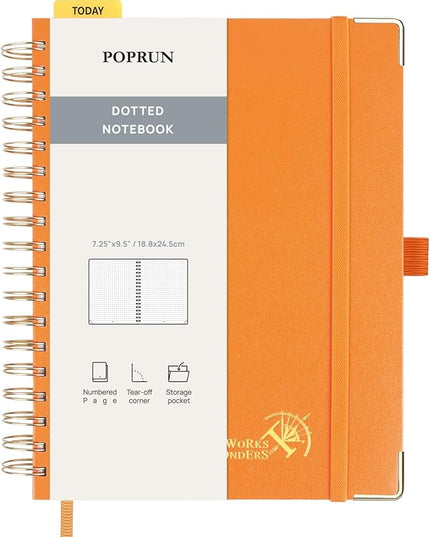 POPRUN Spiral Bullet Dotted Journal Notebook, 7-1/4" x 9-1/2" - 120 GSM Thick Paper, 220 Numbered Pages, Hardcover for Men & Women with Pocket, Index Tabs, 8 Perforated Sheets, Orange