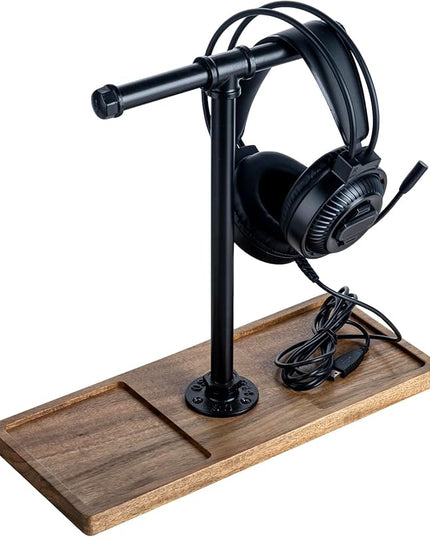 FARM IN Solid Acacia Wood Headphone Stand for Desk Industrial Headset Holder with Storage Base for Gaming and Office Accessories