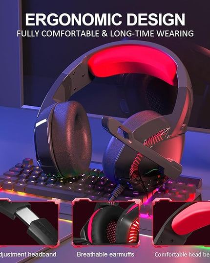 PHOINIKAS PS4 Gaming Headset with 7.1 Surround Sound, PC Headset with Noise Canceling Mic & LED Light, H3 Over Ear Headphones for Nintendo Switch, PS5, Xbox One, Laptop (Red)