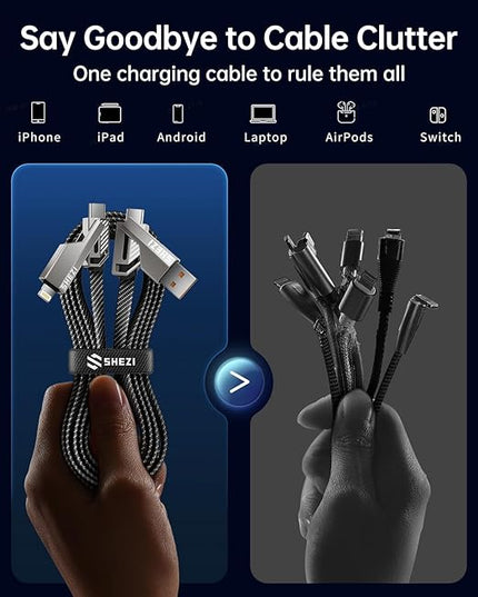 SHEZI [Upgraded 2.0] 4-in-1 USB C Cable 60W 3FT Fast Charging [480Mbps Data Transfer] Flat Nylon Braided Charger Cord Combo, USB A/C to C/L Multi Charge Cable for iPhone/iPad & Most Devices, Grey