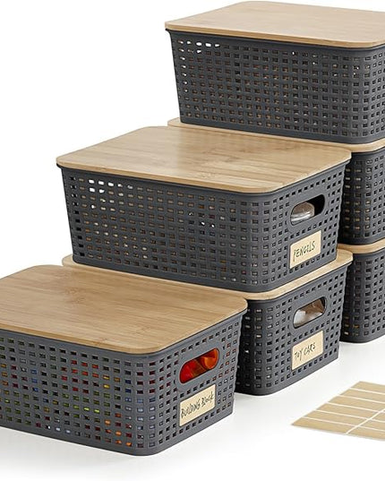 Small Plastic Storage Bins with Bamboo Lids 5.2qt Stackable Box Basket Pantry Decorative Containers Cute with Lable for Organizing Desktop Closet Office Gray of 6 packs 10 * 7.2 * 4.1'’