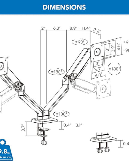 Mount-It! Full Motion Dual Monitor Mount with Spring Arms, 17" to 32", Full Motion Monitor Arm with Tilt, Rotation, Swivel, Height Adjustment, Clamp or Grommet, Fits VESA 75x75 and 100x100 - Black
