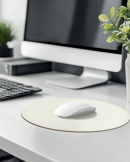 Mouse Pad，Round Mouse Pad，PU Mouse Pad，Leather Mouse Pad with Stitched Edge Micro-Fiber Base with Non-Slip Waterproof，Mouse Pad for Computers，Laptop，9 x 9 Inch (White)