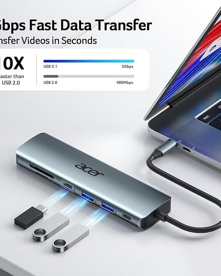 Acer USB C Hub, 7 in 1 Multi-Port Adapter for Laptop, 4K, HDMI Splitter with 2 USB A 3.1 & Type-C to HDMI Data Port, PD 100W Charging, SD Card Reader for Computer, Desktop, Space Grey