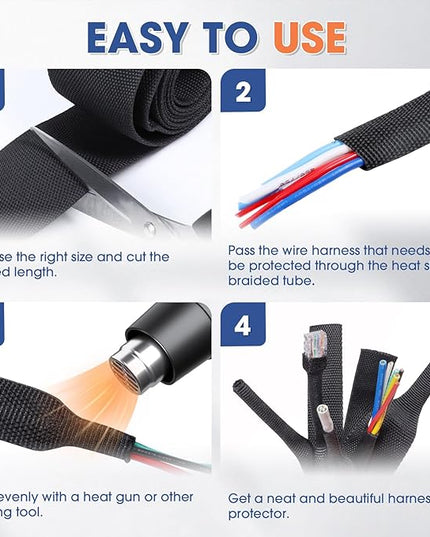 FOURUB 2:1 Heat shrinkable Braided Sleeving Fabric Wire Loom High Temp Heat Shrink Wiring Harness Abrasion Protector Cable Sleeve(1/2"-48ft)