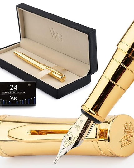 Wordsworth & Black Luxury Fountain Pen - Stunning Gold Pen, 24K Gold Finish,18K Gilded Nib (Medium), Ink Converter, Best Pen Gift Set for Men & Women, Professional, Executive, Office, Nice Pens