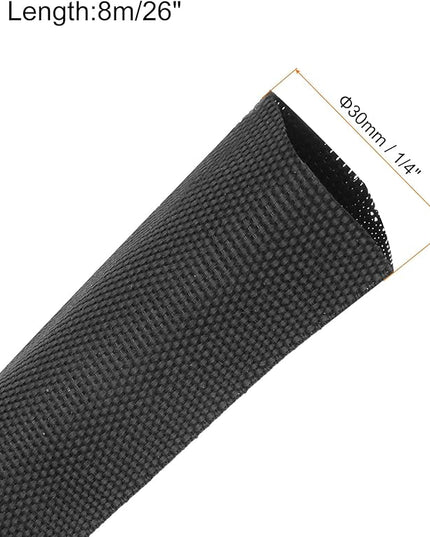 MECCANIXITY Braided Cable Sleeves Heat Shrinkable Fabric Sleeving, 1 1/4" 26ft Black 2:1 Ratio Heat Shrinkable Cord Protector for Harness Cable, Network Cable Protection, Cable Management