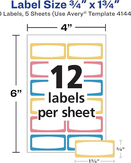 Avery Durable Labels for Kids' Gear, 3/4" x 1-3/4", Assorted Border Colors, Water-Resistant Labels, Writable and Laser/Inkjet Printable, 60 Per Pack, 180 Stickers Total (3-Pack of 31442)