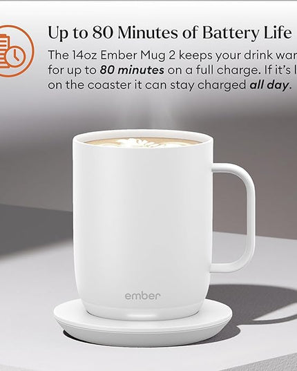 Ember Temperature Control Smart Mug 2, 14 Oz, App-Controlled Heated Coffee Mug with 80 Min Battery Life and Improved Design, White
