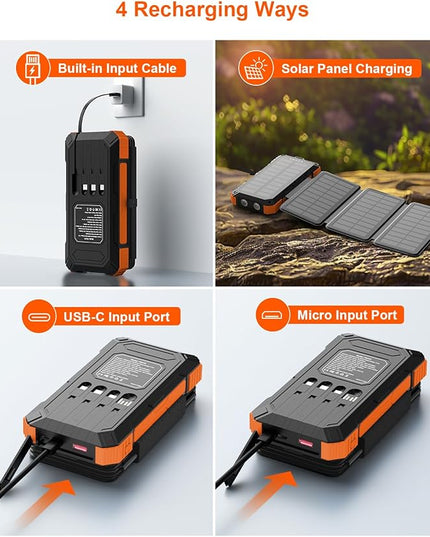 Solar Charger Power Bank 49800mAh with 4 Built-in Cables & 4 Foldable Panels, PD22.5W Fast Portable Phone Charger, External Battery Pack with USB-C in/Output & Flashlight for Outdoor Camping