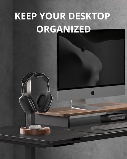 muso wood Walnut Headphone Stand, Universal Headset Stand with Storage Base, Wood Desktop Headphone Holder for Gaming Headset and Music Headset