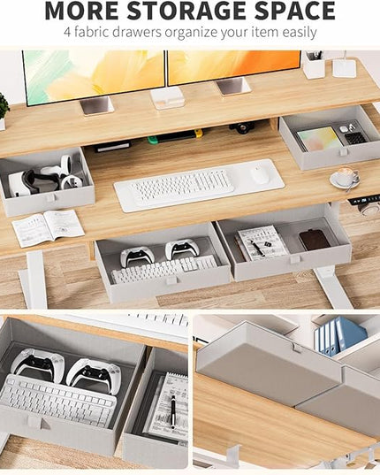 Kingant Standing Desk with Drawers & USB Charging Port, 48" x 30" Height Adjustable Home Office & Gaming Desk, Sit Stand Desk with Built-in Storage Shelf, Hook & Ergonomic Design(Maple)