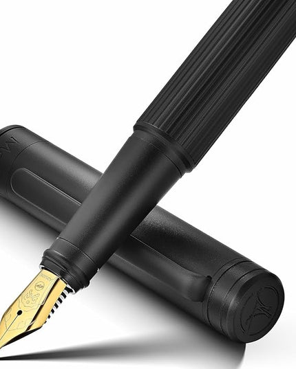 MCNTEIK Matte Black Fountain Pen, Exquisite Vertical Grooving Design, Ink Converter, 18K Gilded Nib (Extra Fine), Fancy Gift Set for Men & Women, Office, Smooth Writing Calligraphy Pens