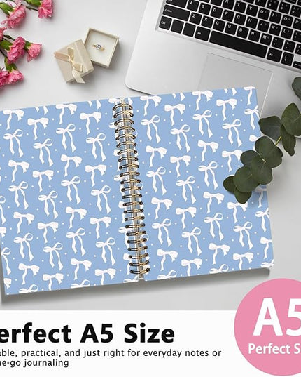 LIANGW Coquette Blue Bow Notebook Journal for Teen Girls & Women, Preppy Cute Journal Gifts for Women, Girly Gifts, Blue Bow Office Supplies, Hardcover Spiral Notebook, 5.5x8.3 Inch