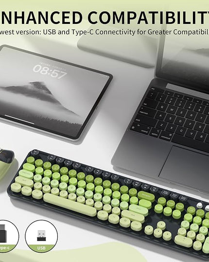 Wireless Keyboard and Mouse, MOFII 104 Round Keycaps Retro Typewriter with OTG & Brush, Full-Size Ergonomic, Ideal for Windows PC, Home, Office and College Gray Green