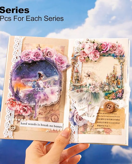 AuriicLeaf Fantasy Frame PET Sticker Set, 60PCS Board Ephemera for Scrapbooking, Junk Journaling, Crafts, DIY and Art Supplies
