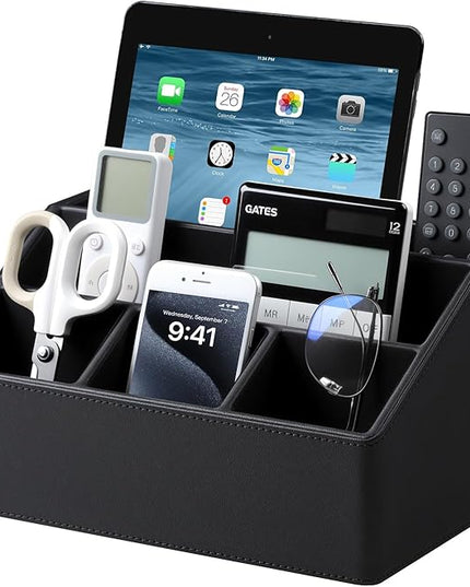 Cretkhp Remote Control Holder with 5 Compartments for Office Art Supplies, PU Leather Nightstand Organizer Pencil Pen Desk Caddy for Home, Desktop TV Remote Control Organizer Storage (Black)