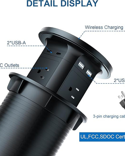 9-in-1 Pop-Up Outlet with Wireless Charging – 4 AC & 4 USB Ports, 2500W Overload Protection, 100-240V Global Voltage, 4-1/8" Cutout – Hidden Countertop Power Hub for Kitchen, Office, Conference Table