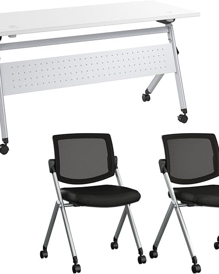 Bush Business Furniture Folding Training Table Set for 2, 60 inch Desk with Powered Grommets and 2 Chairs, Commercial-Grade Bundle for Office or Classroom, Envision Collection, White