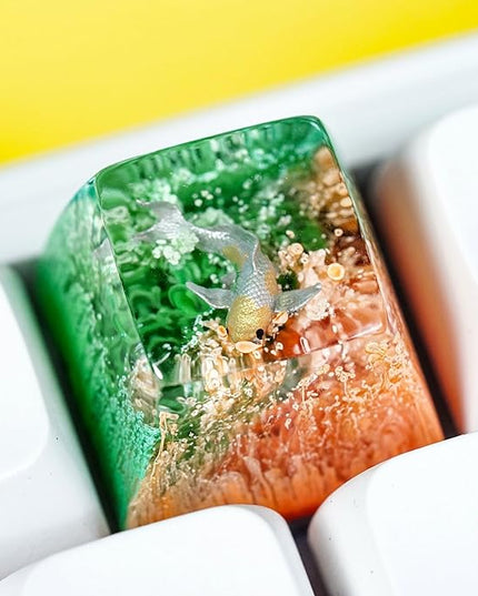 Kohaku Koi Fish Artisan Keycap Orange and Green Ocean Coral Reef R1 SA Profile Custom Keycaps 1U ESC Handmade Gaming Resin Key Cap Cherry MX Switch Compatible Mechanical Keyboard Koi Lover Gift