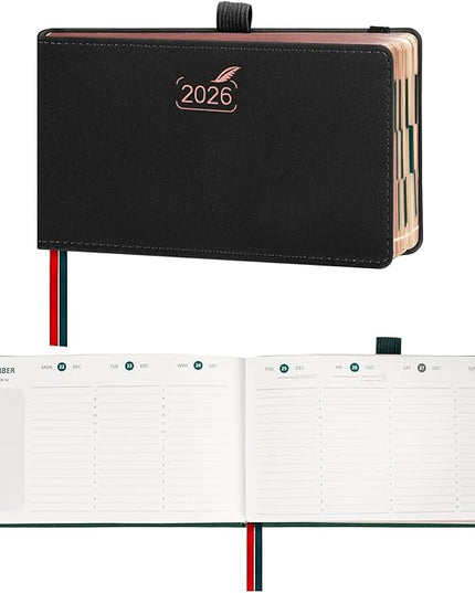 BEZEND Pocket Planner 2026 Weekly and Monthly (6" x 3.75") Small Calendar Book with Daily Vertical Timeslot (Jan-Dec), Equal Space Even Weekend, Work Home Women, PU Leather Hardcover - Black