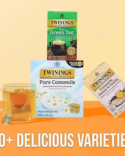 Twinings Pure Camomile Herbal Tea individually Wrapped Bags, 50 Count (Pack of 6), Naturally Caffeine-Free, Enjoy Hot or Iced, 300 Teabags
